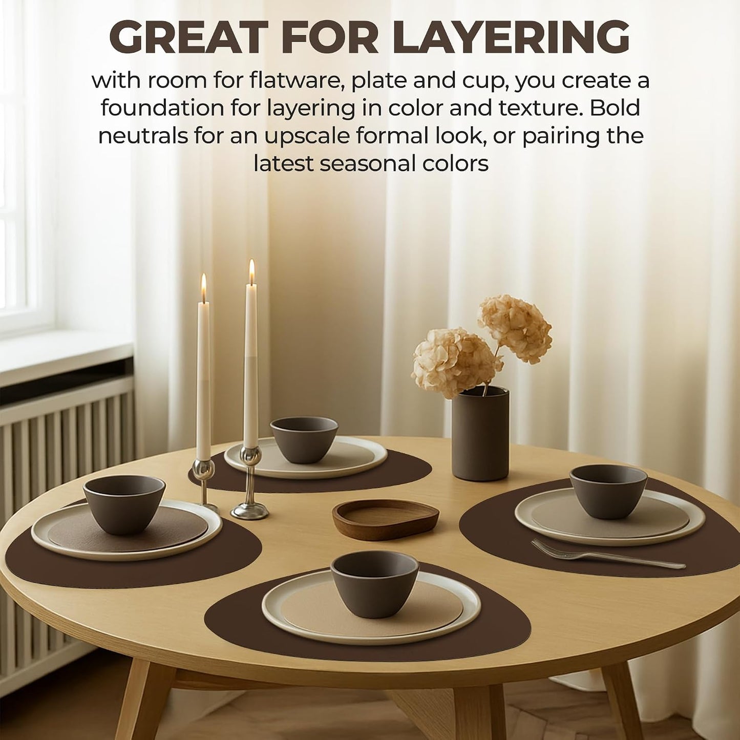 Faux Leather Placemats and Coasters - Set of 4 Round Modern Brown Table Mats for Dining - Heat Resistant, Waterproof &