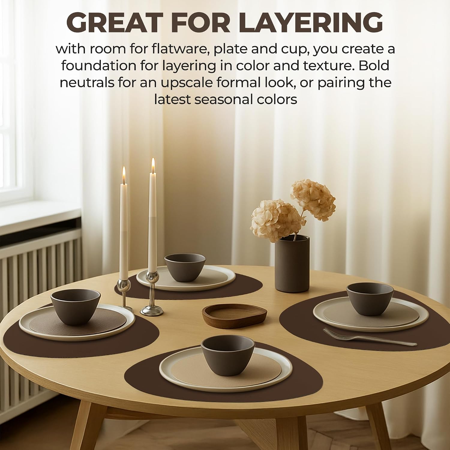 Faux Leather Placemats and Coasters - Set of 4 Round Modern Brown Table Mats for Dining - Heat Resistant, Waterproof &