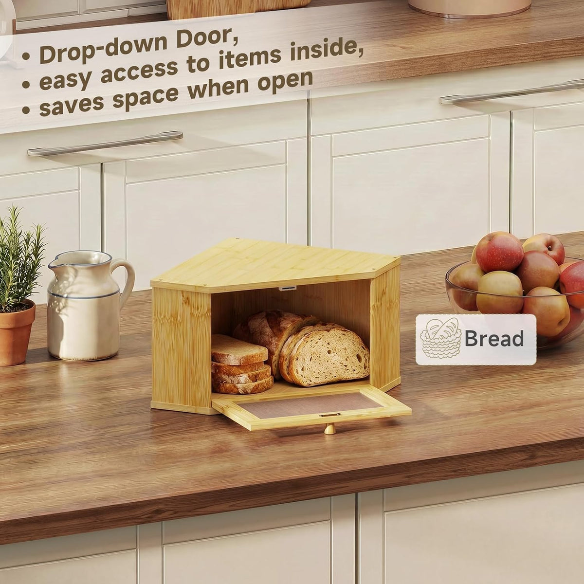 Corner Bread Box For Kitchen Countertop,Bread Storage Bin (Natural, Medium) | Small Bamboo Bread Container,Corner Shelf