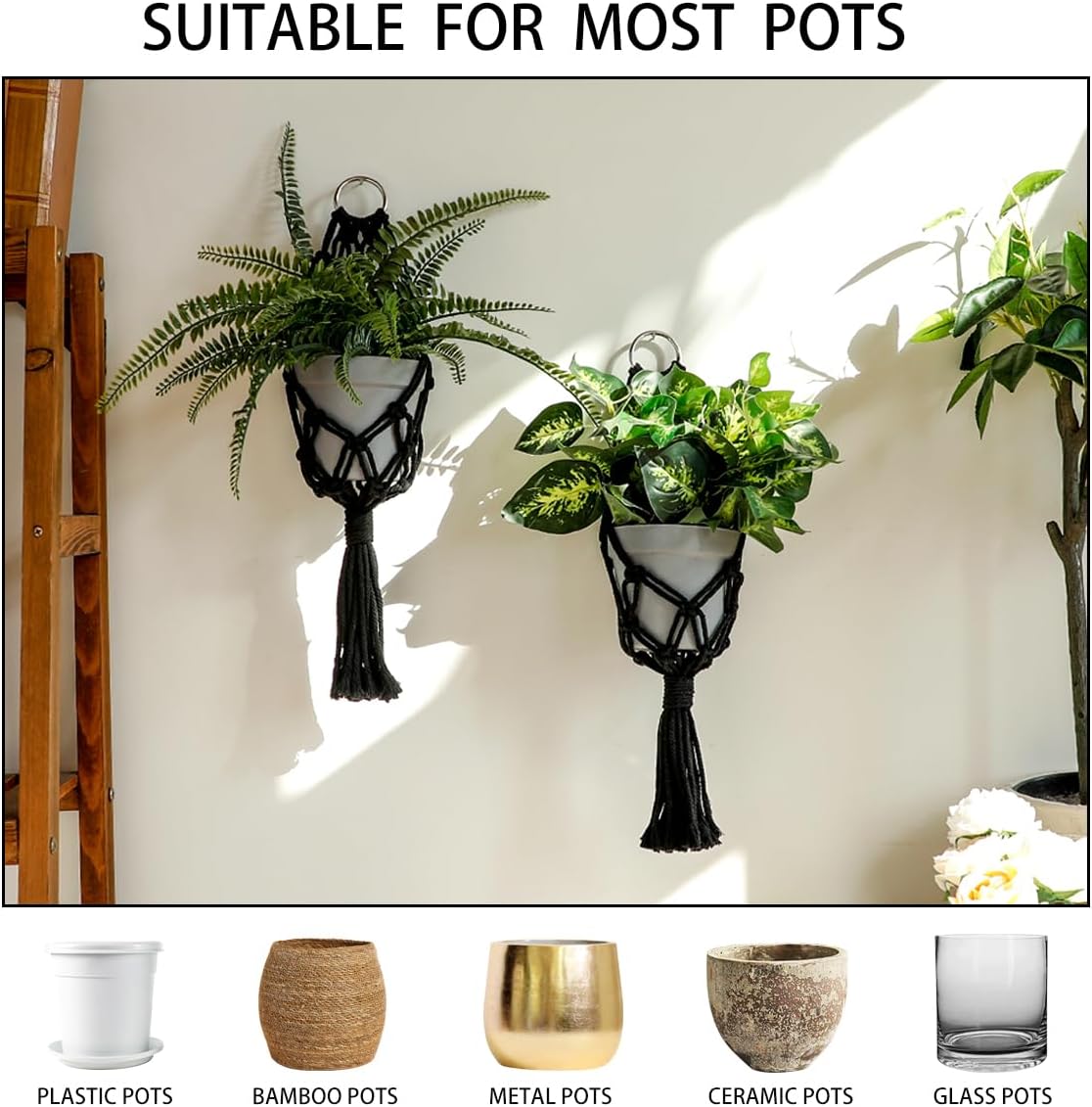 Black Macrame Plant Hanger Indoor / Black Plant Hanger / Set of 2