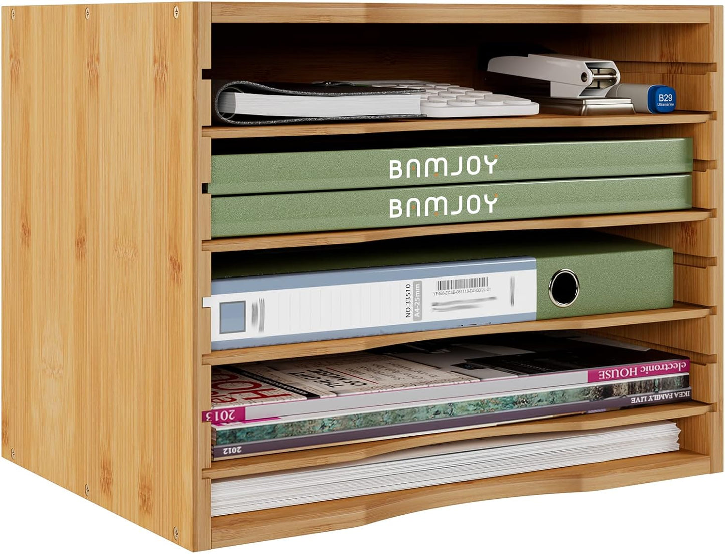 Bamjoy Bamboo 5 Tier Desktop Organizer, Paper Organizer Mail Sorter, File Holder Letter Document Storage with
