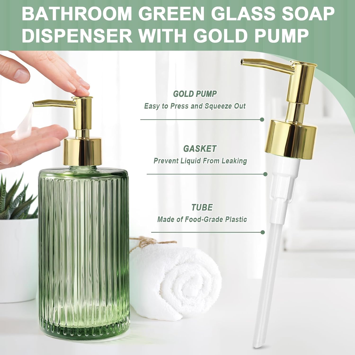 Green Glass Bathroom Accessories 4 Pcs, Green Bathroom Set, Soap Dispenser and Toothbrush Holder Set, Qtip Holder Set