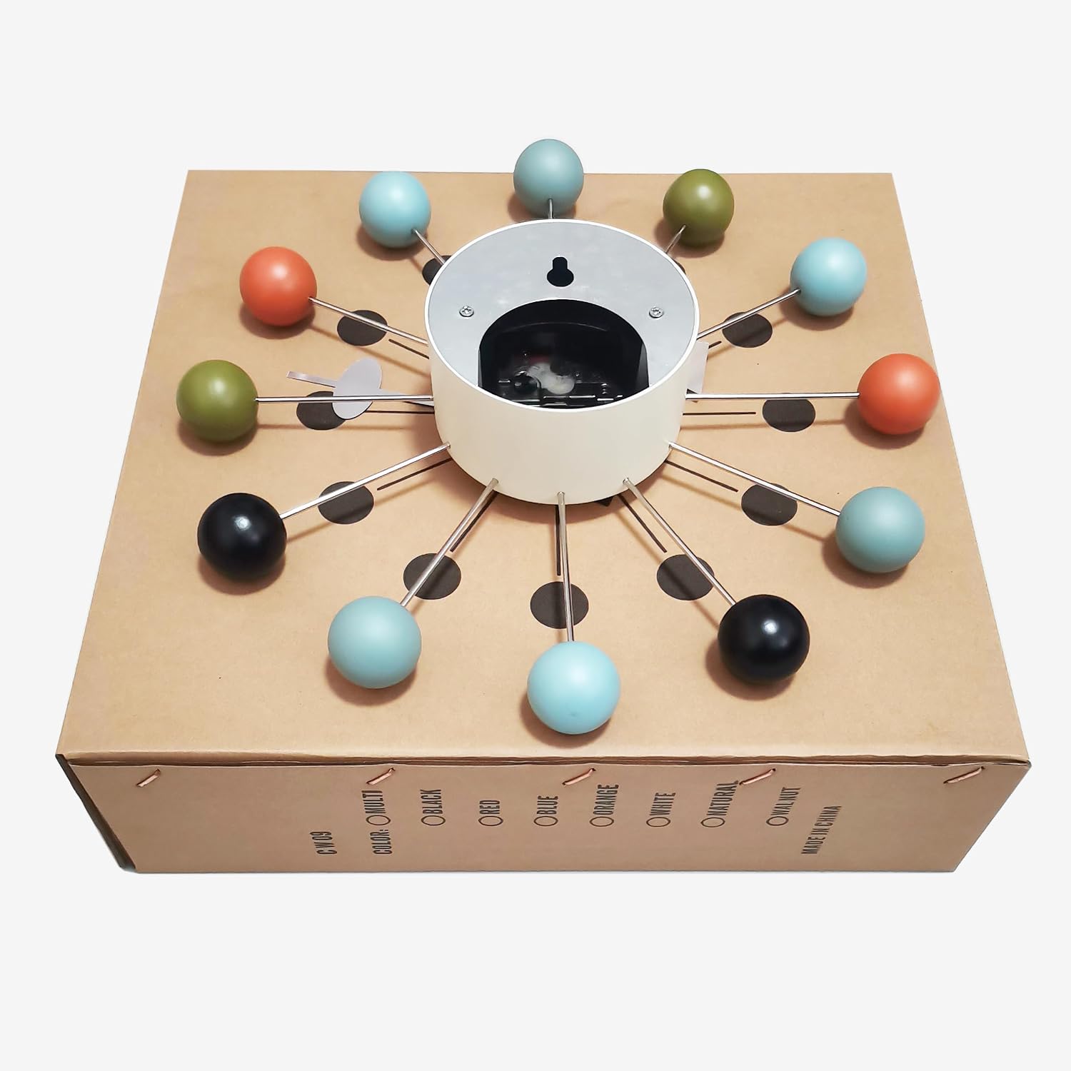 Wood Ball Wall Clock 13 Inch, Mid Century Modern | Battery Operated, Silent Non-Ticking, POP Color, Metal Frame, Decor