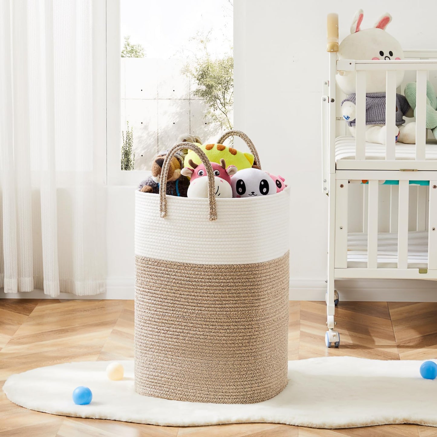Laundry Basket / Woven Cotton Rope Laundry Hamper / 60L / Brown