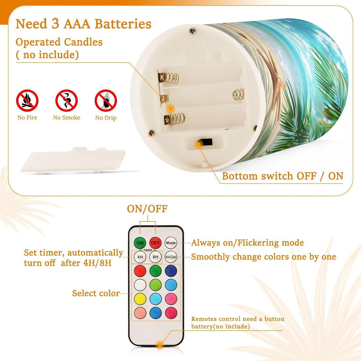 Flickering Flameless Candles, Palm Leaves Starfish Beach LED Candles with Remote Timer, Set of 2 Battery Operated