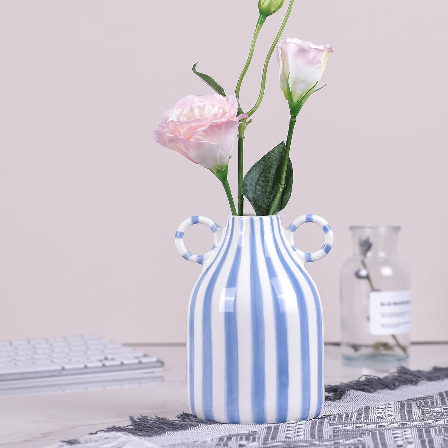 Ceramic Blue and White Striped Vase / Blue White