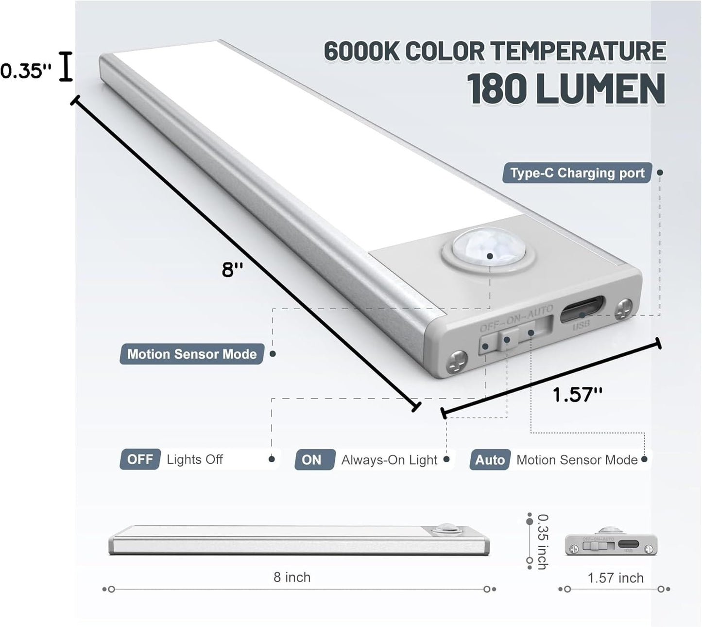 6 Pack Under Cabinet Lighting Wireless, 32 LED Rechargeable Battery Motion Sensor Light Indoor, Stick On Magnetic