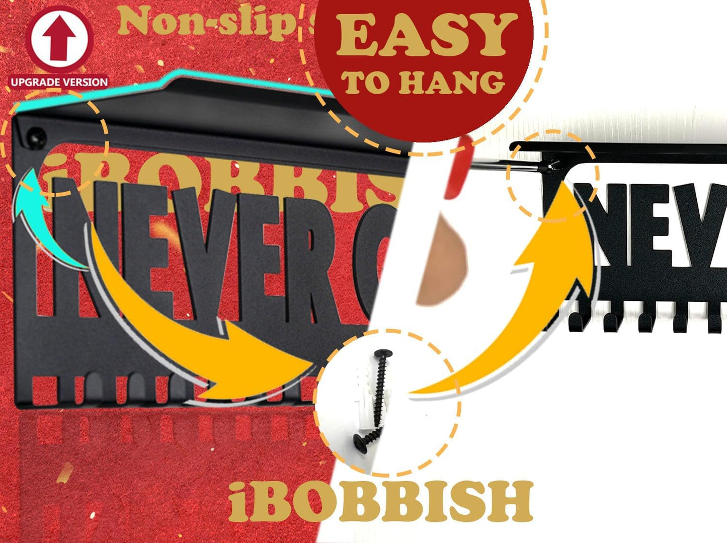 iBobbish Metal Medal Hanger Display,Non-Slip Trophy Shelf with 20 Hooks,Wall Mount,Heavy Duty,Non-Bent,Holds