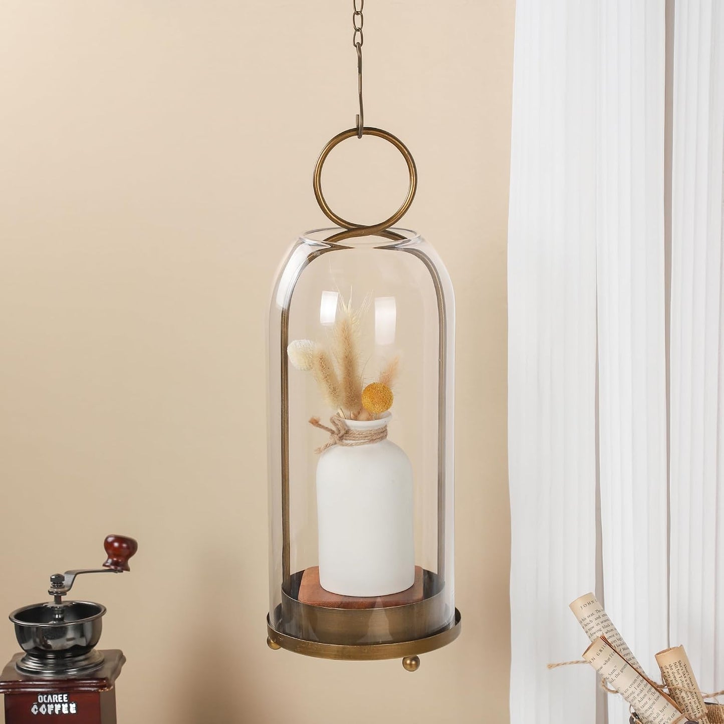 16" High Versatile Modern Metal Hurricane Lantern with Handmade Sturdy Glass Dome in Antique Brass for Pillar Candle &