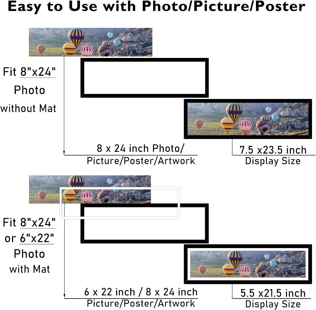 JCJMY 8x24 Picture Frame Set of 4 with 6x22 Mat, Panoramic Picture Frame Display Photo 6x22 with Mat or 8 x 24 Without