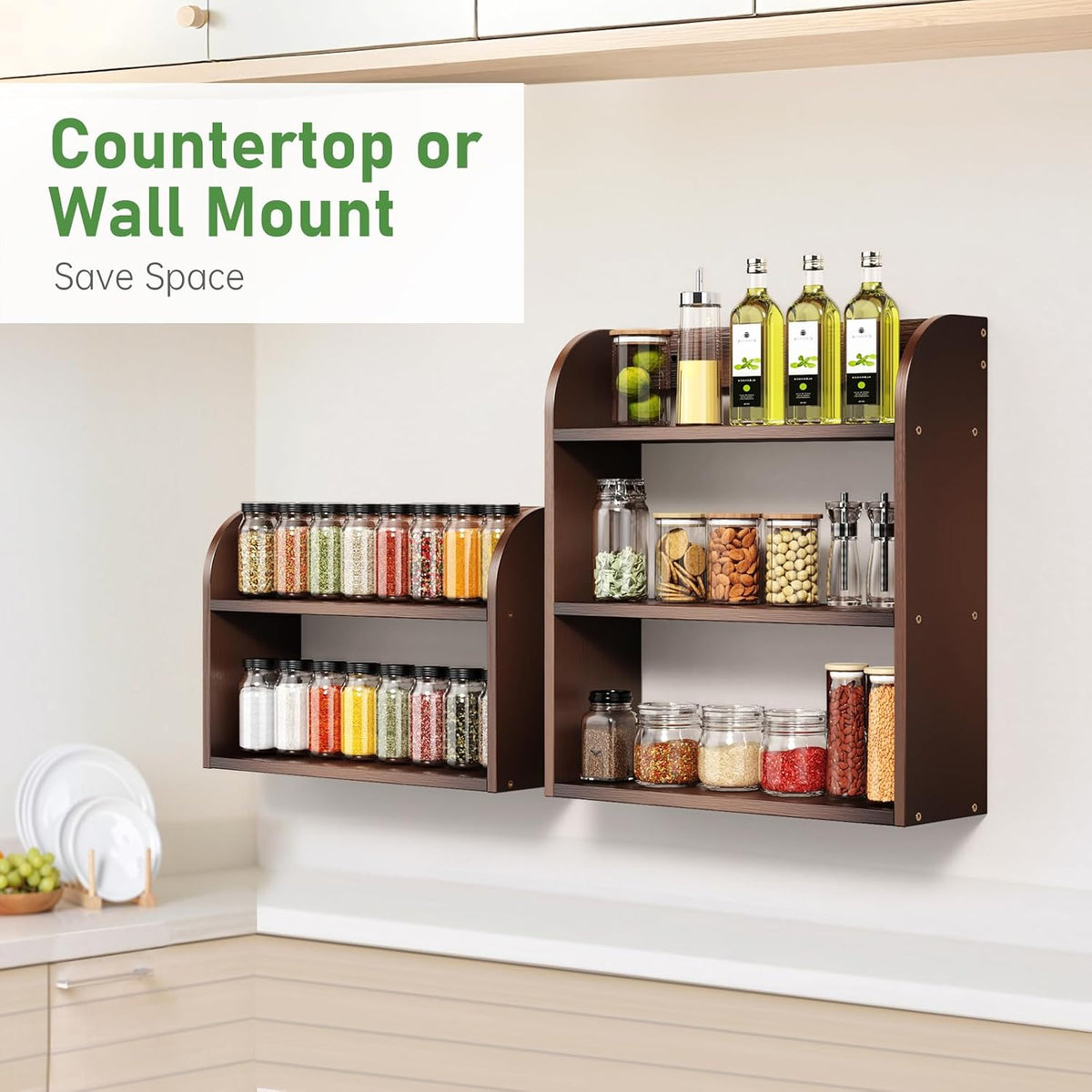 ROMGUAR CRAFT 2 Tier Bamboo Spice Rack, Countertop or Wall Mounting Wood Spice Jars Organizer Shelf for Kitche, Pantry