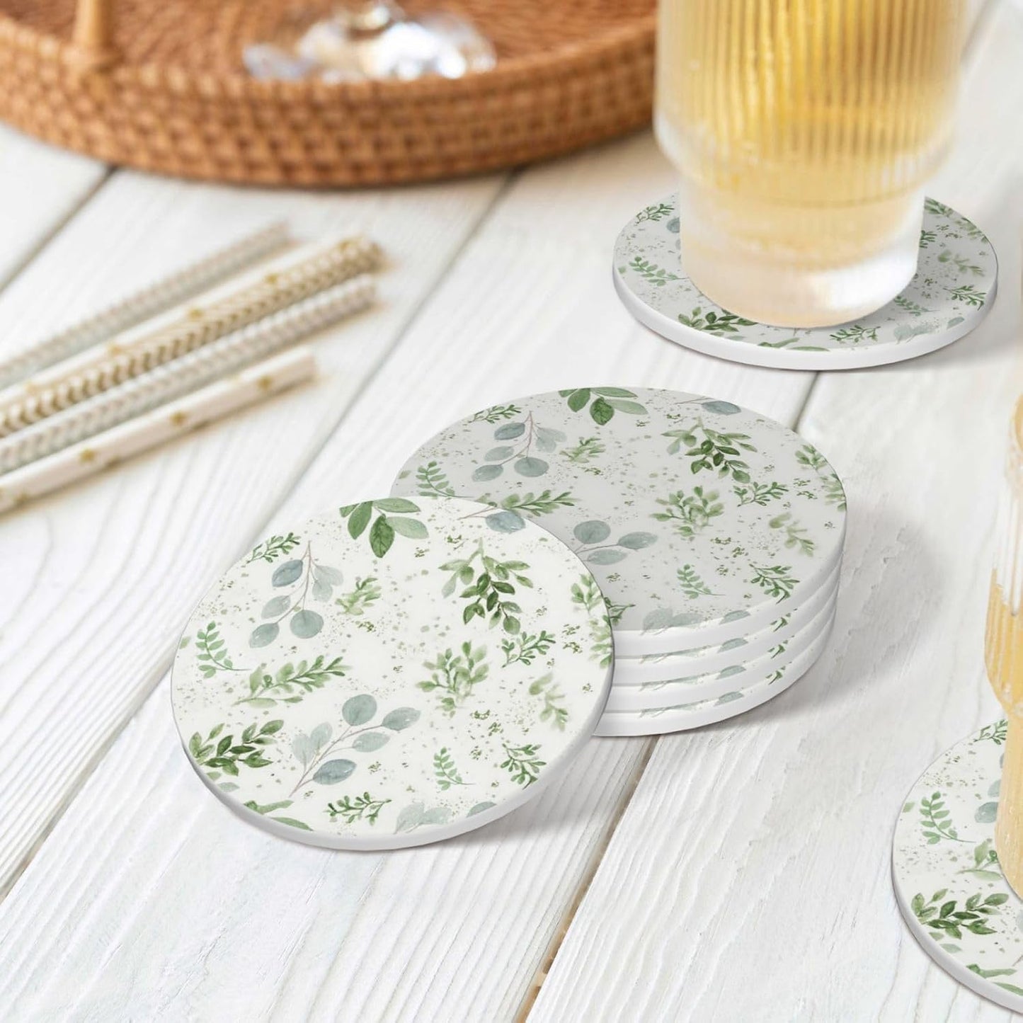 Leaves Coasters Absorbent Ceramic Drink Coaster / Green / 4 Inch / Set of 4