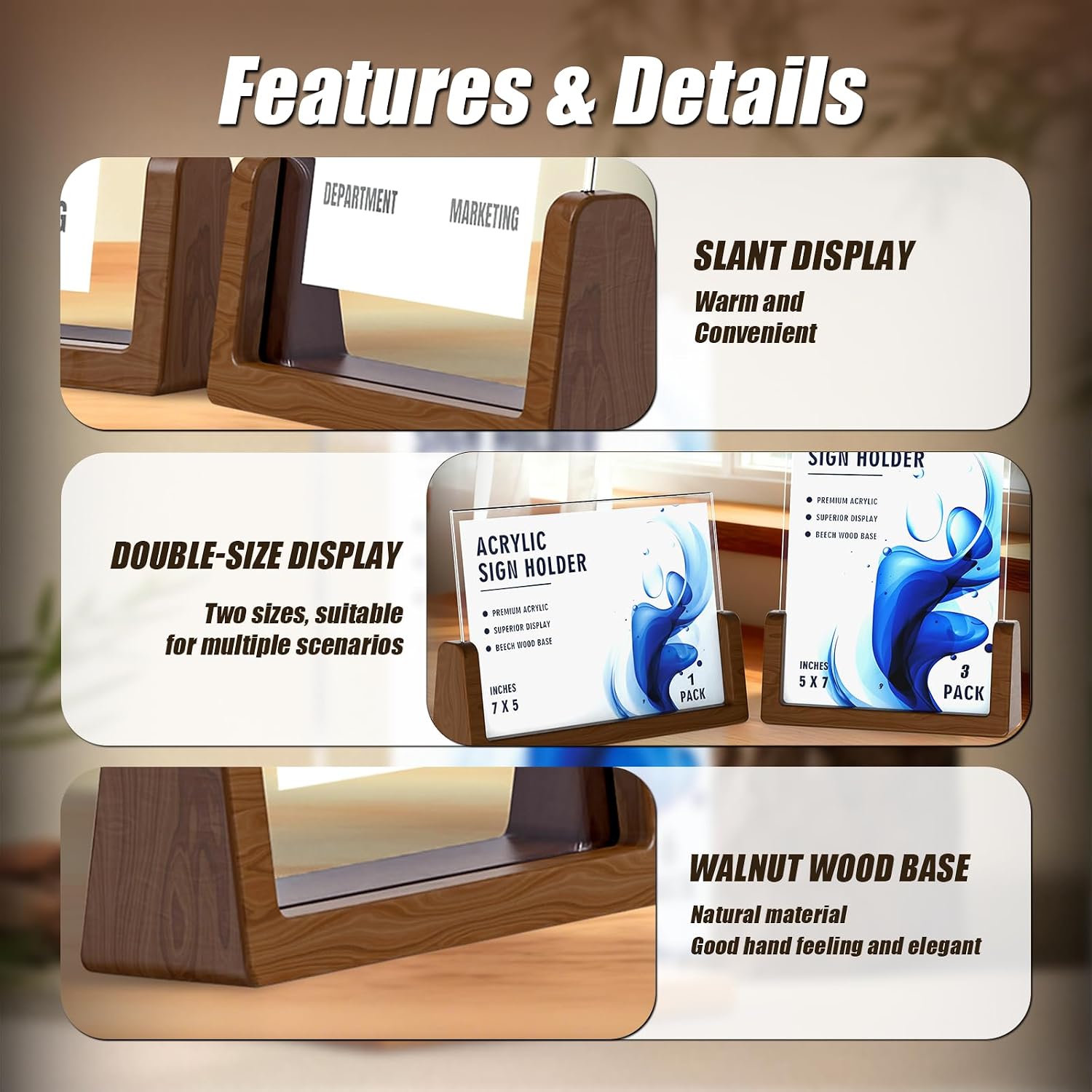 Walnut Wood U-Base "Sign Holder Set / 5*7 / Clear / 5 x 7 / Set of 4