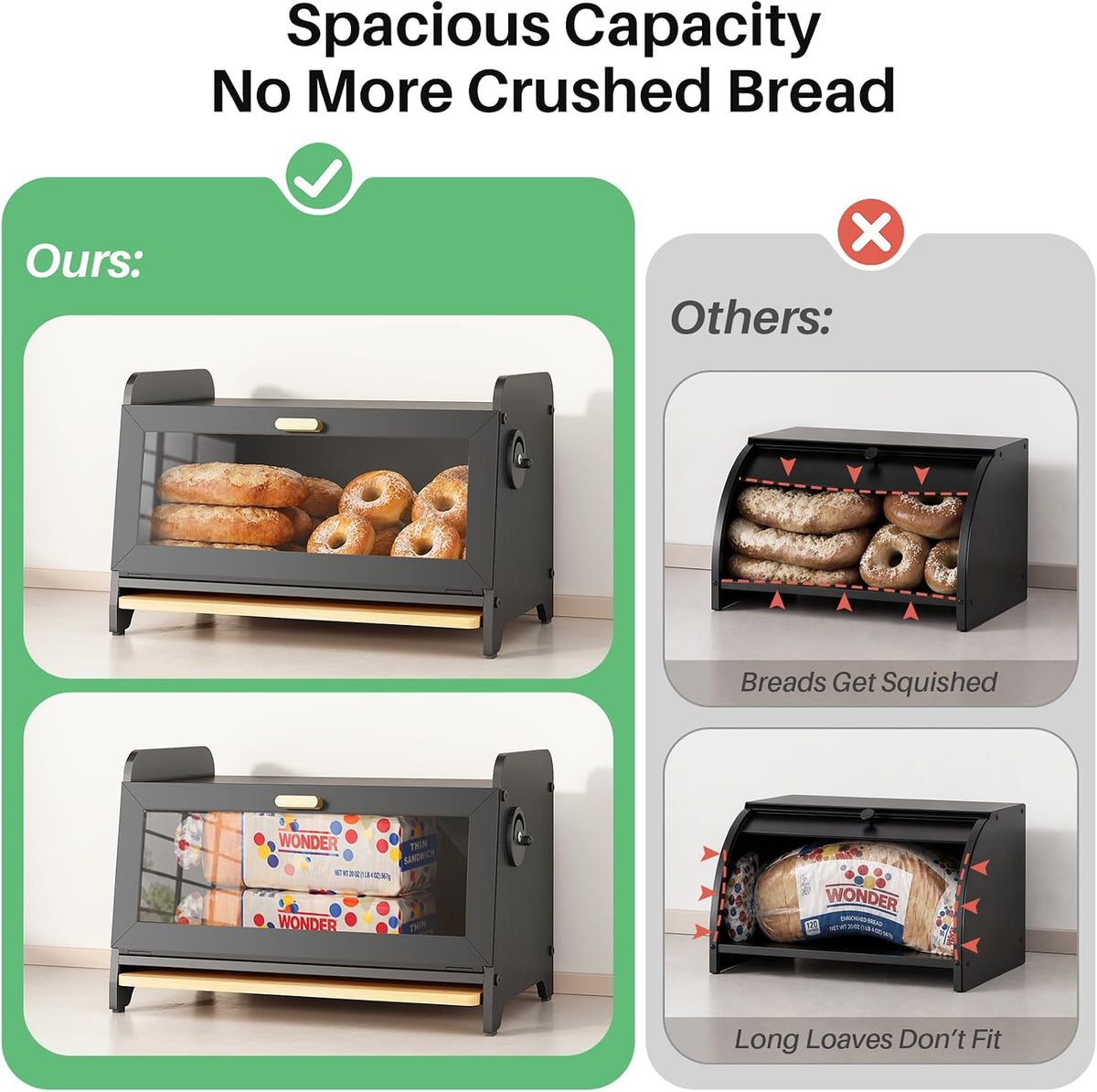 SNTD Bread Box for Kitchen Countertop, Bamboo Cutting Board, 1 Tier, Black | Adjustable Vent Hole, Airtight Design