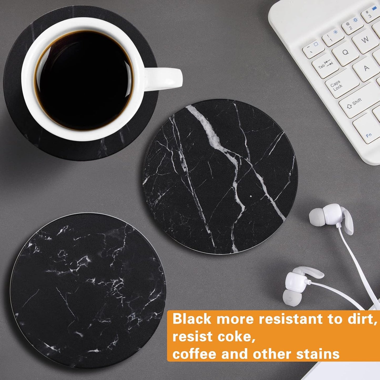 Holder Absorbent Ceramic Coasters Style / Black Marble / 4 Inch / Set of 6