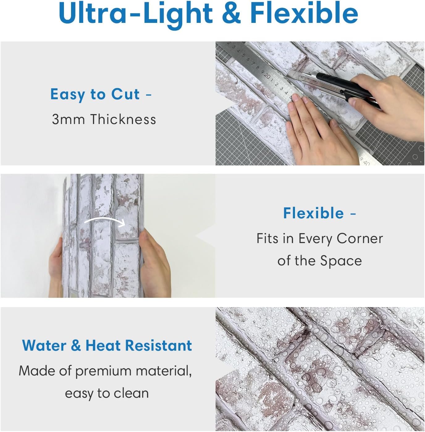 3D Peel and Stick Faux Brick Wall Panels for Quick DIY Wall Decor | Retro Gray White, 10 Pcs 11.8" x 11.8", Not Real