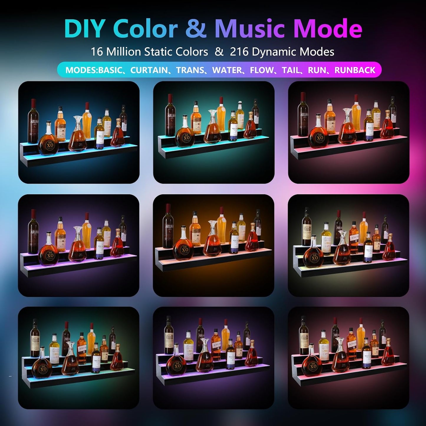 Led Lighted Liquor Bottle Display Shelf, 30 Inch 2 Tier Whiskey Rack, Support USB, Bar Stand with RF Remote & App