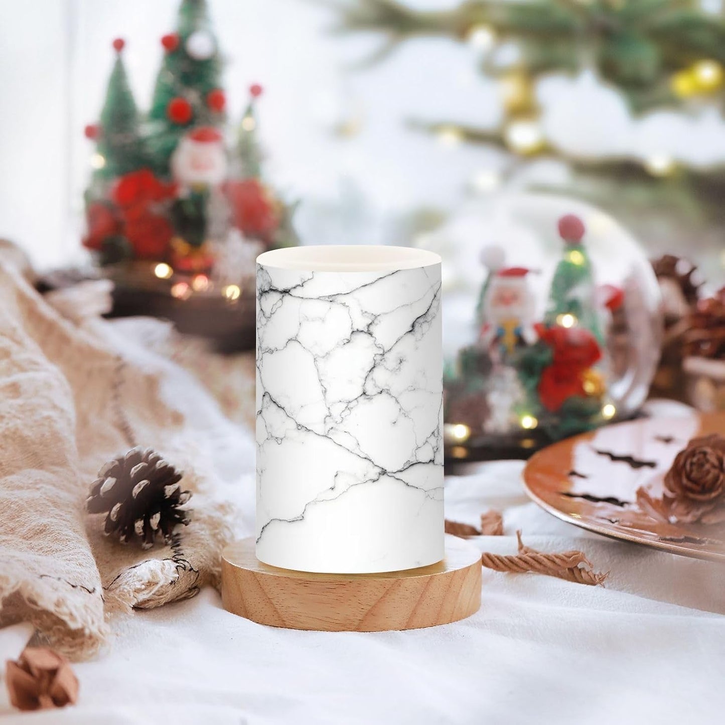 Flickering Flameless Candles, White and Black Marble LED Candles with Remote Timer, Set of 2 Battery Operated Candle