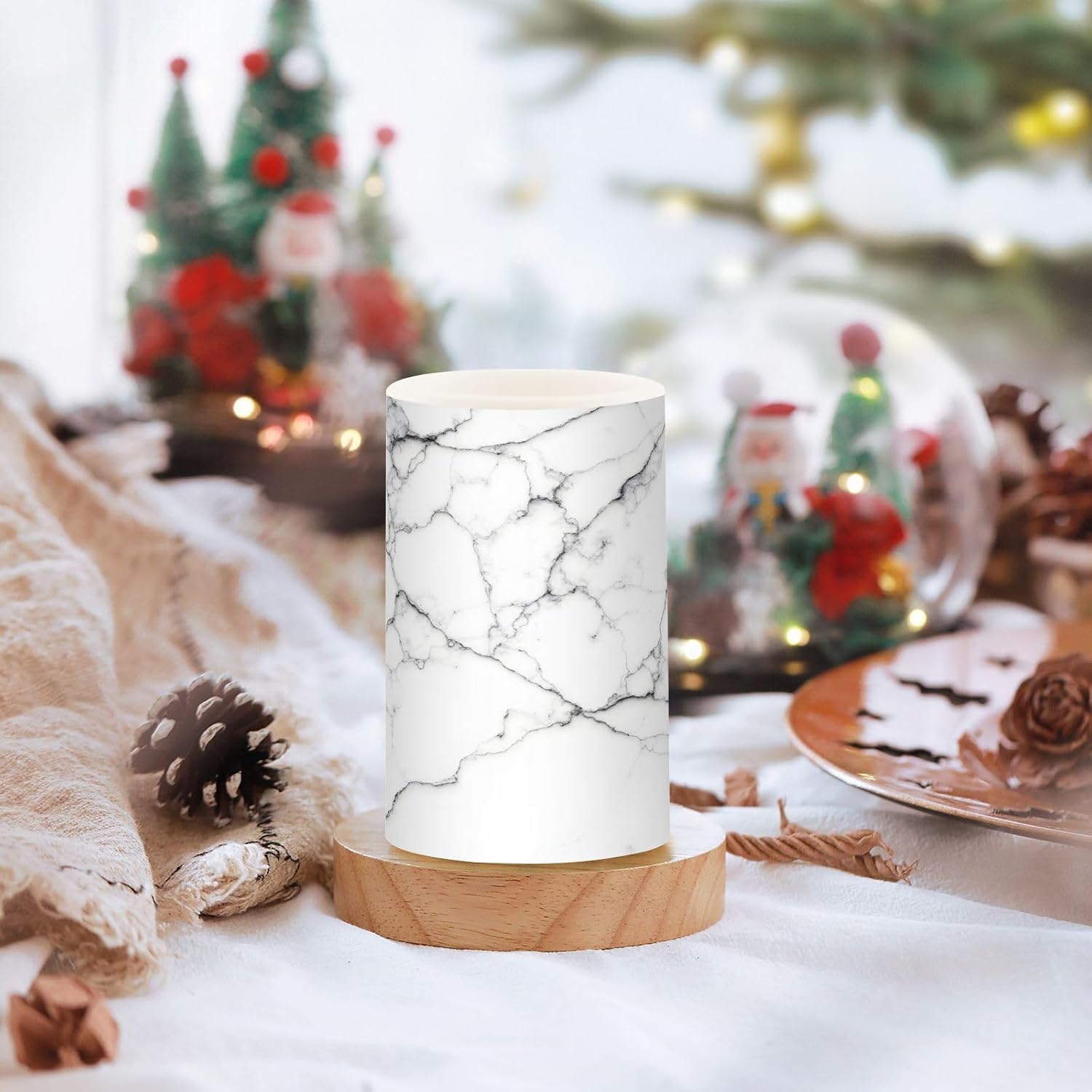 Flickering Flameless Candles, White and Black Marble LED Candles with Remote Timer, Set of 2 Battery Operated Candle