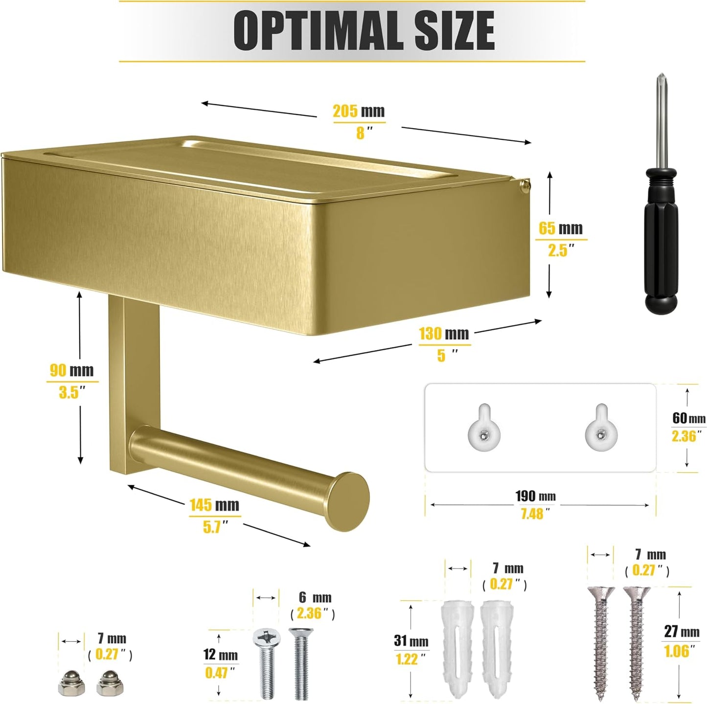 Brushed Gold Toilet Paper Holder Wall Mounted with Shelf & Wipes Storage – Stainless Steel SUS304 Modern Toilet Tissue