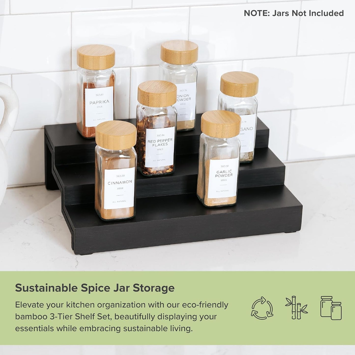 3-Tier Expandable Spice Rack Organizer, Black | Fits 36 spice jars, pantry storage, non-slip feet