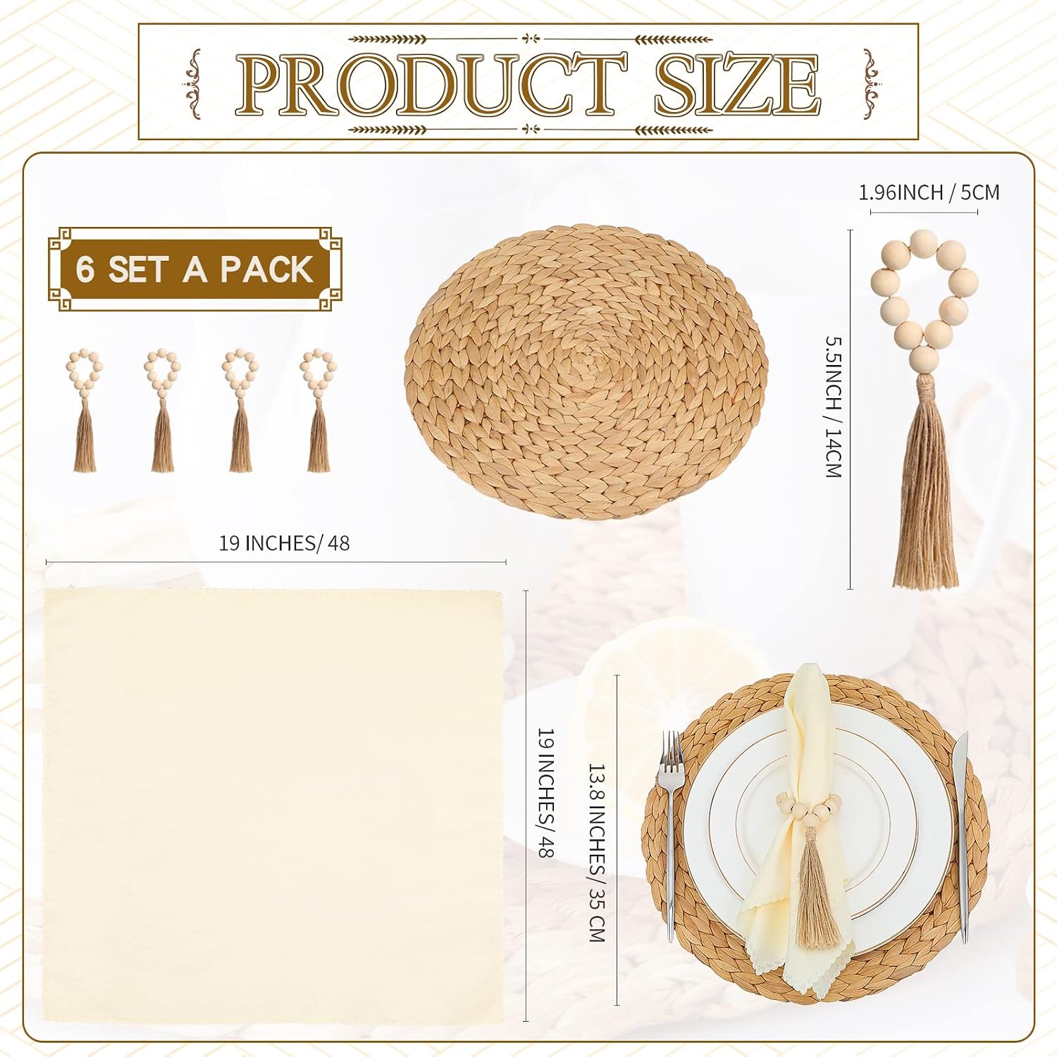 Gejoy 18 Pcs Boho Woven Placemat Wood Bead Napkin Ring with Dinner Napkin | 13.8 Inch Round Water Hyacinth Placemat