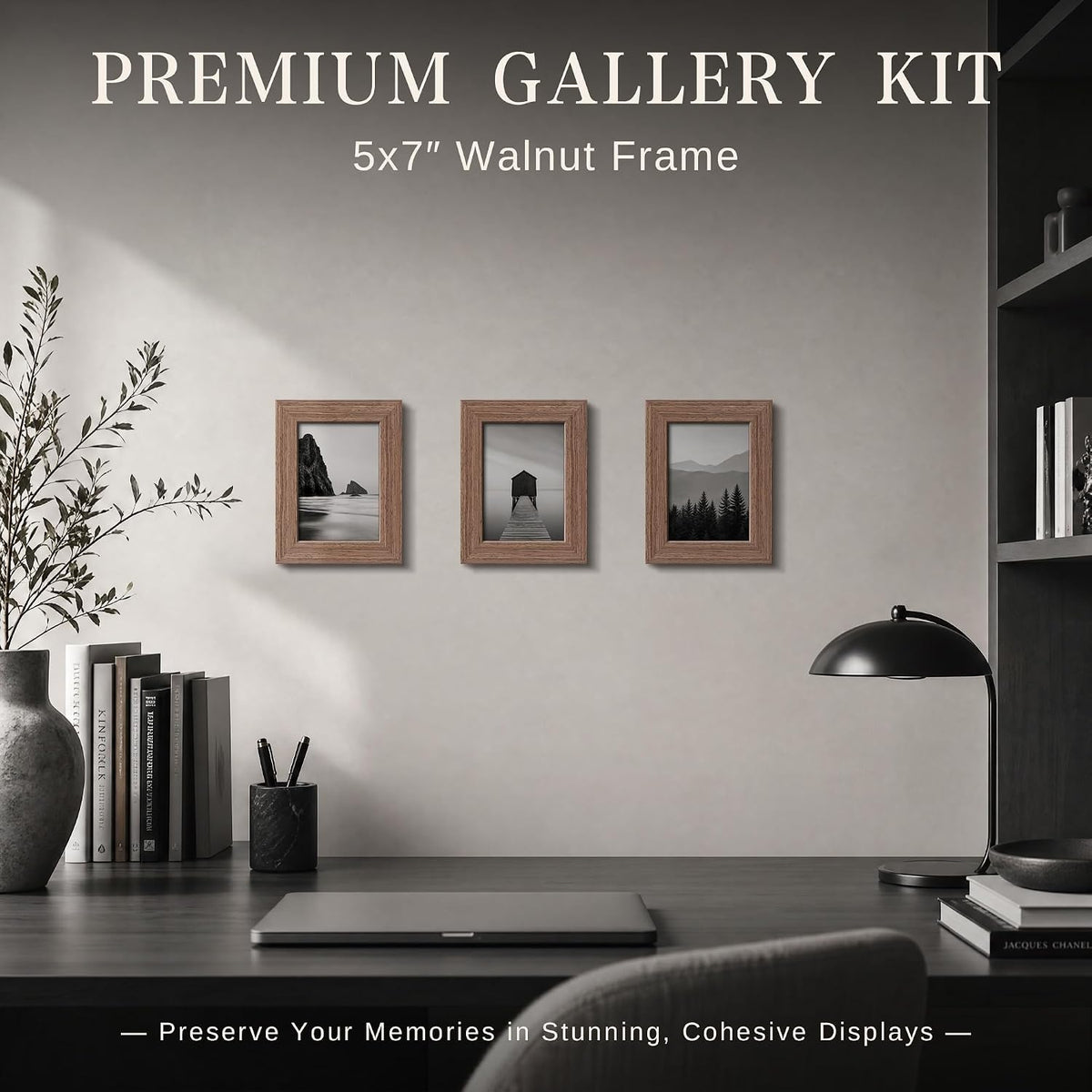VCK 5x7 Picture Frame Set of 6, Elegant Walnut Wood Portrait Frame | 1.1in Wide Border, Tabletop/Wall Hanging, HD