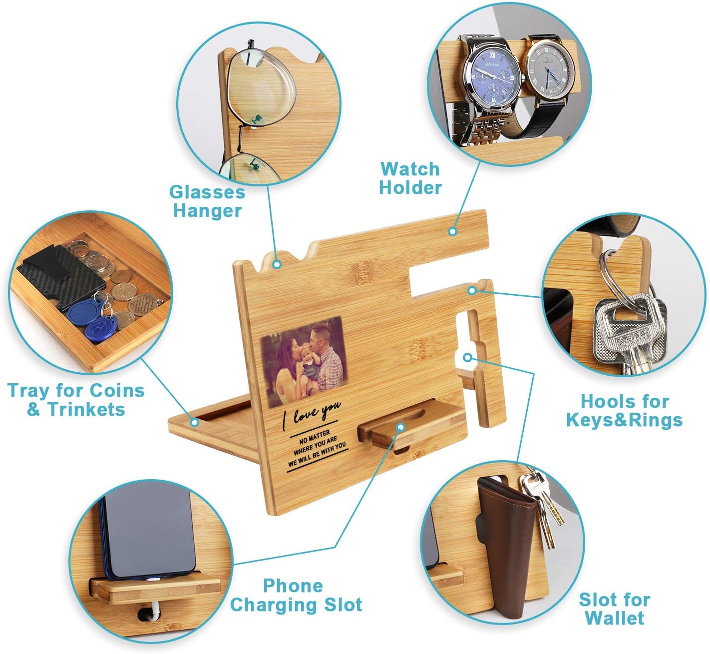 Gifts For Men - Wood Phone Docking Station Personalized - Engraved Nightstand Organizer With Phone Stand, Phone Holder