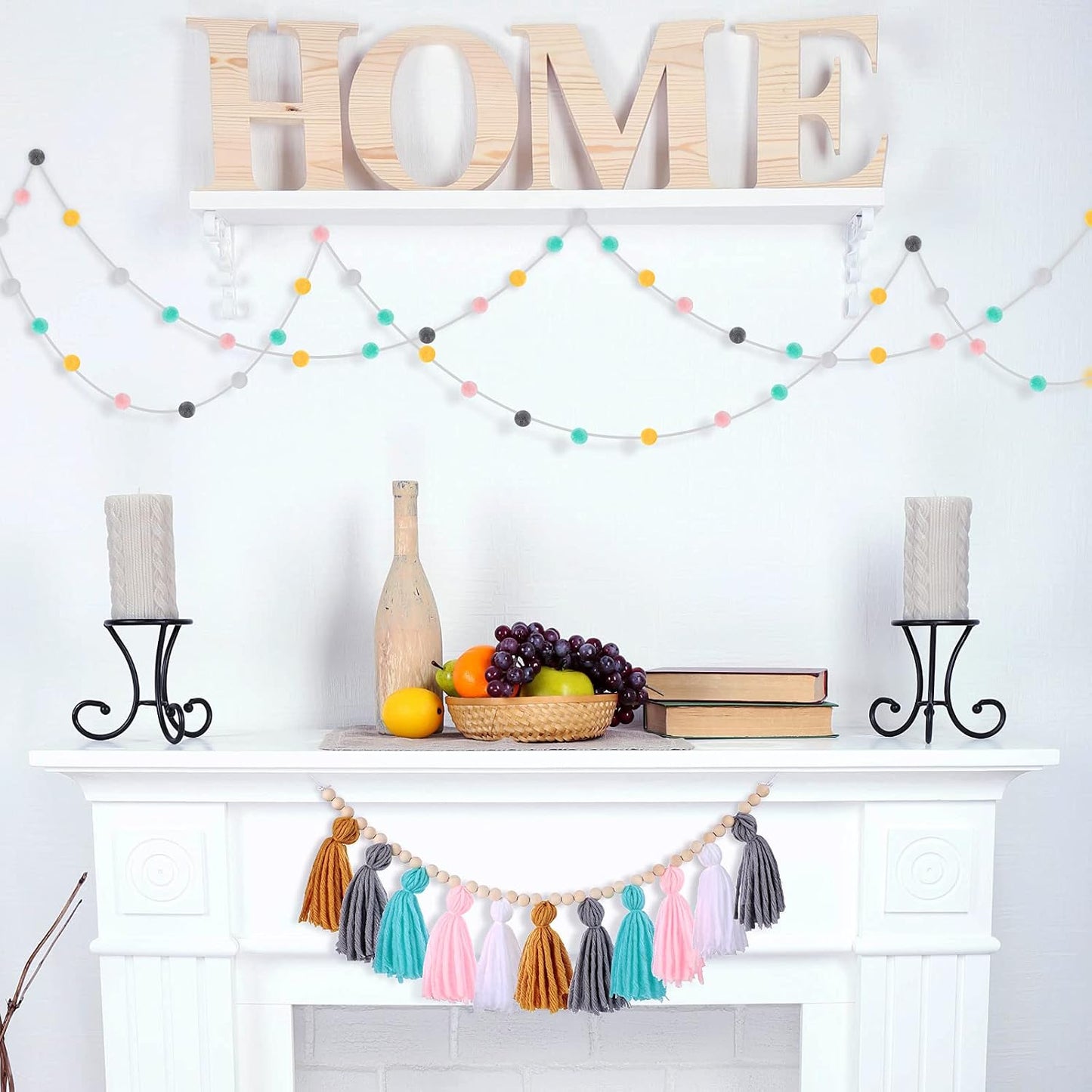 79" 2 Pom Pom Garland Wall Decor and 36" 1 Boho Tassel Garland / Simple Colors / Set of 3