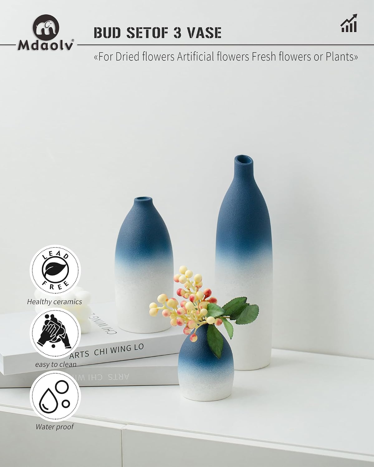 Blue and White Vase Set Navy Blue Decor Coastal Decor Vases / White and Blue