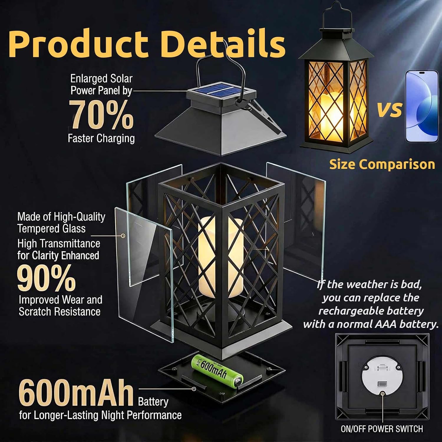 2 Pack 9" Medium Tempered Glass Solar Lanterns Outdoor Waterproof | Hanging Solar Lights with Flickering Flameless