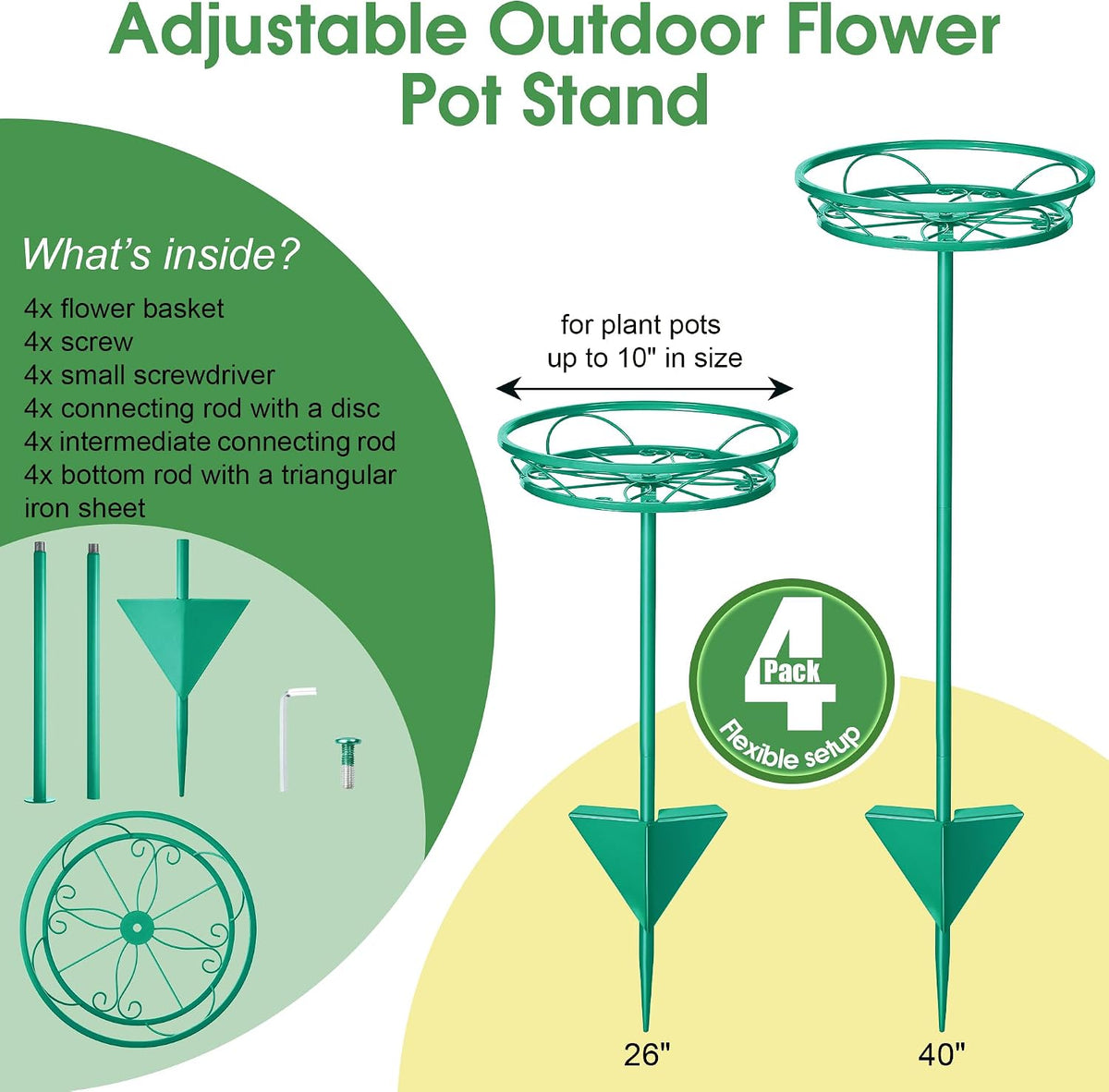 Tellingyou 4 Pack Adjustable Outdoor Flower Pot Stand, Plant Stands(Green) | Metal, Spring Summer Versatile Plant
