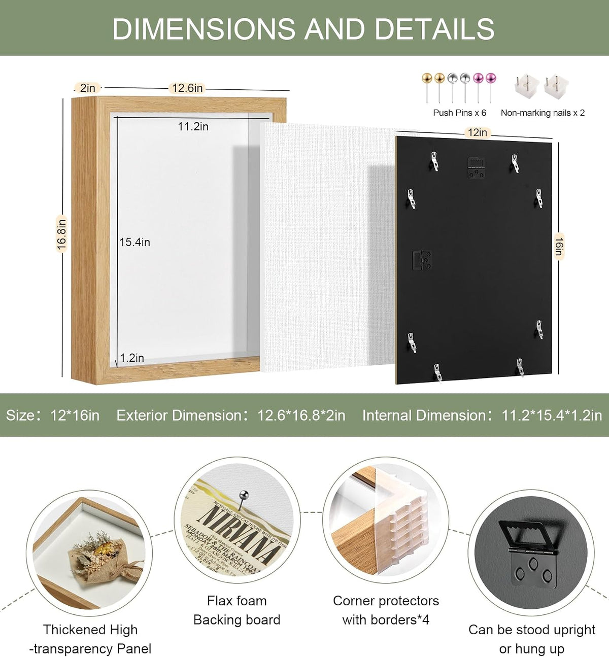 12x16 Large Shadow Box Frame with Thickened Acrylic Panel & Pins | With Linen Back, Deep 1.7" Wood Shadow Box Display