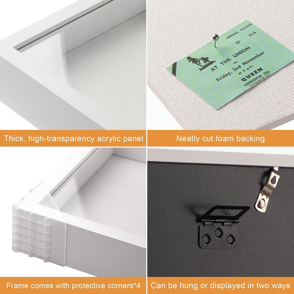 16x20 Large Shadow Box Frame with Thickened Acrylic Panel & Pins | With Push Pins, Deep 1.7" White Shadow Box Display