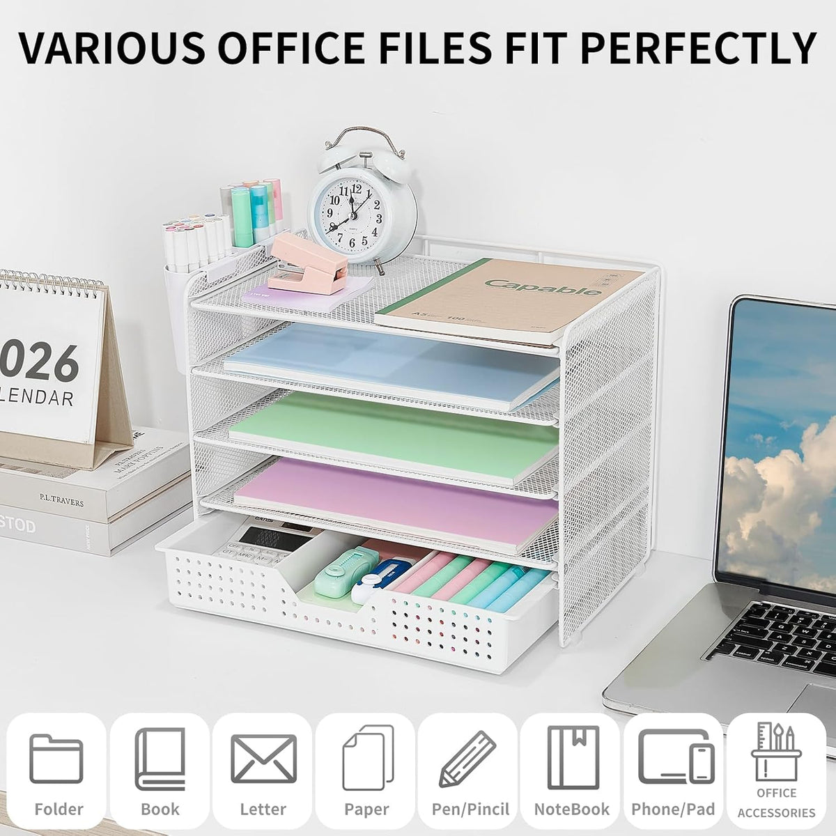 LEKETREE Desk Organizer and Accessories, 5-Tier Paper Letter Tray Organizer with Drawer & 2 Pen Holders for Desktop
