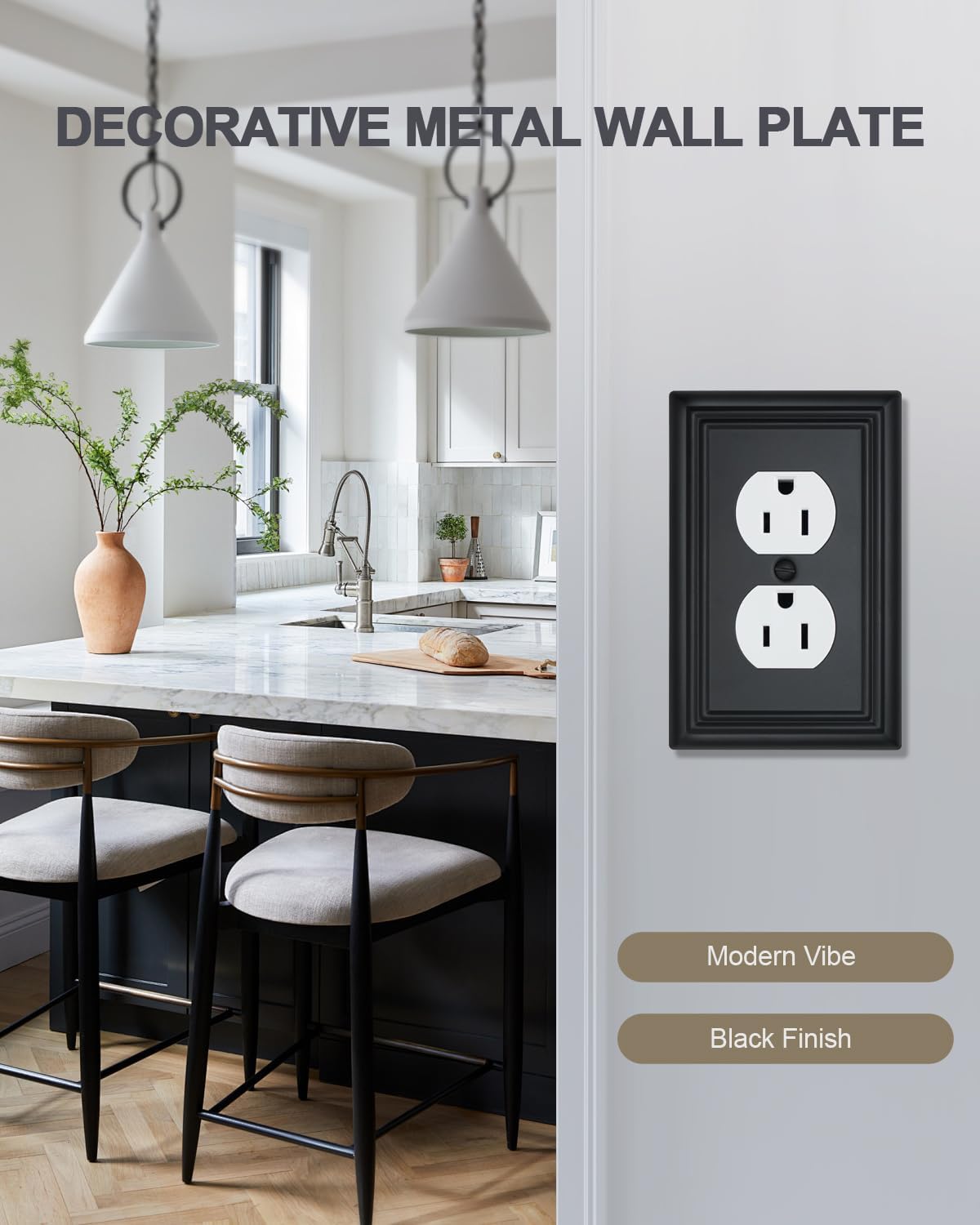 Switch Plates Outlet Covers, 6-Pack Metal Wall Plates, Black Finish | Midsize Duplex Outlet Cover, Ideal for Electrical