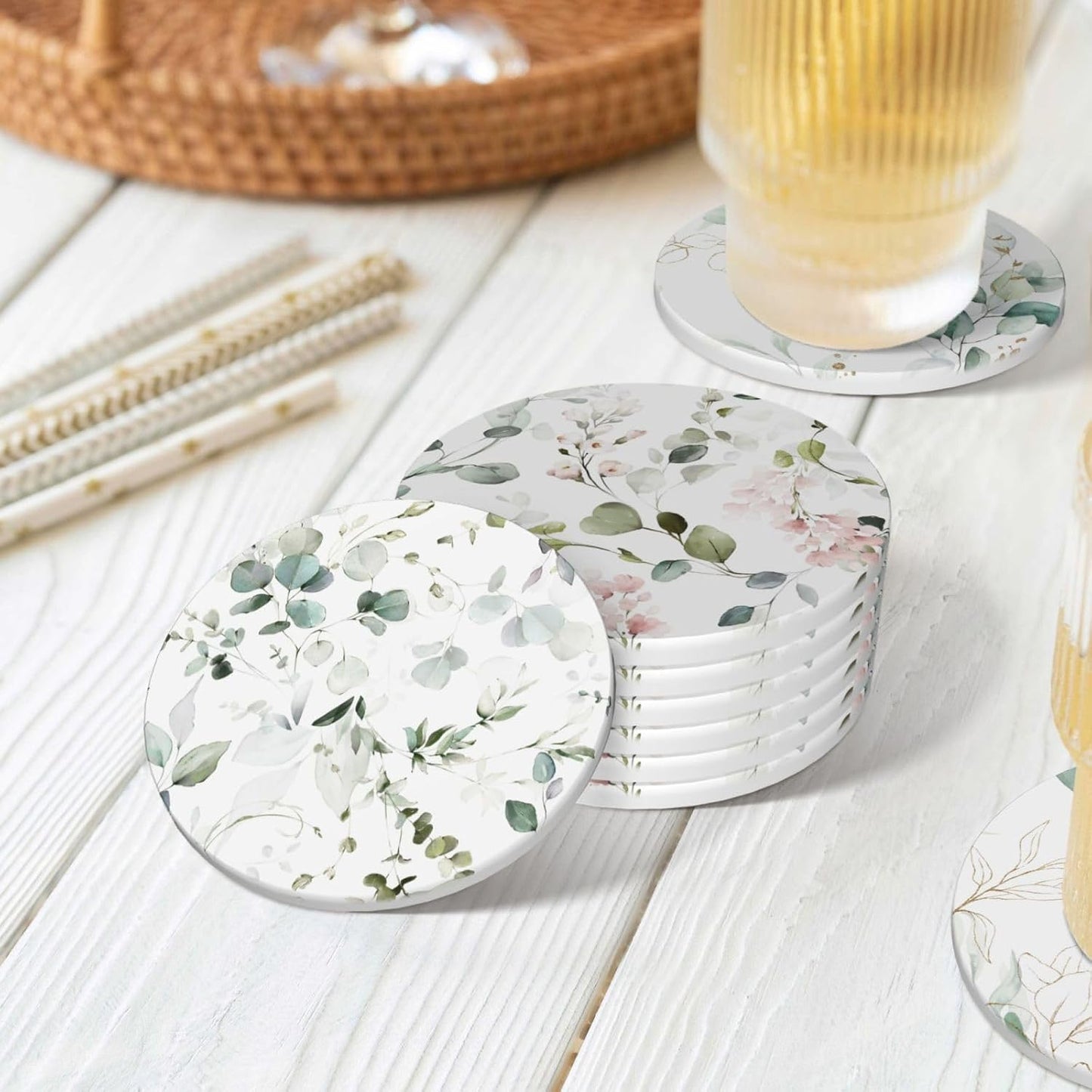 Holder / Coasters for Drinks Absorbent / Abstract Watercolor Floral Green Leaves