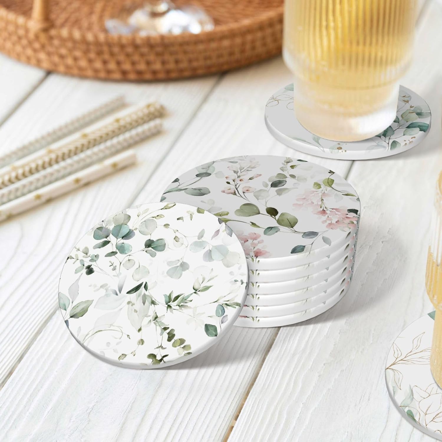 Holder / Coasters for Drinks Absorbent / Abstract Watercolor Floral Green Leaves