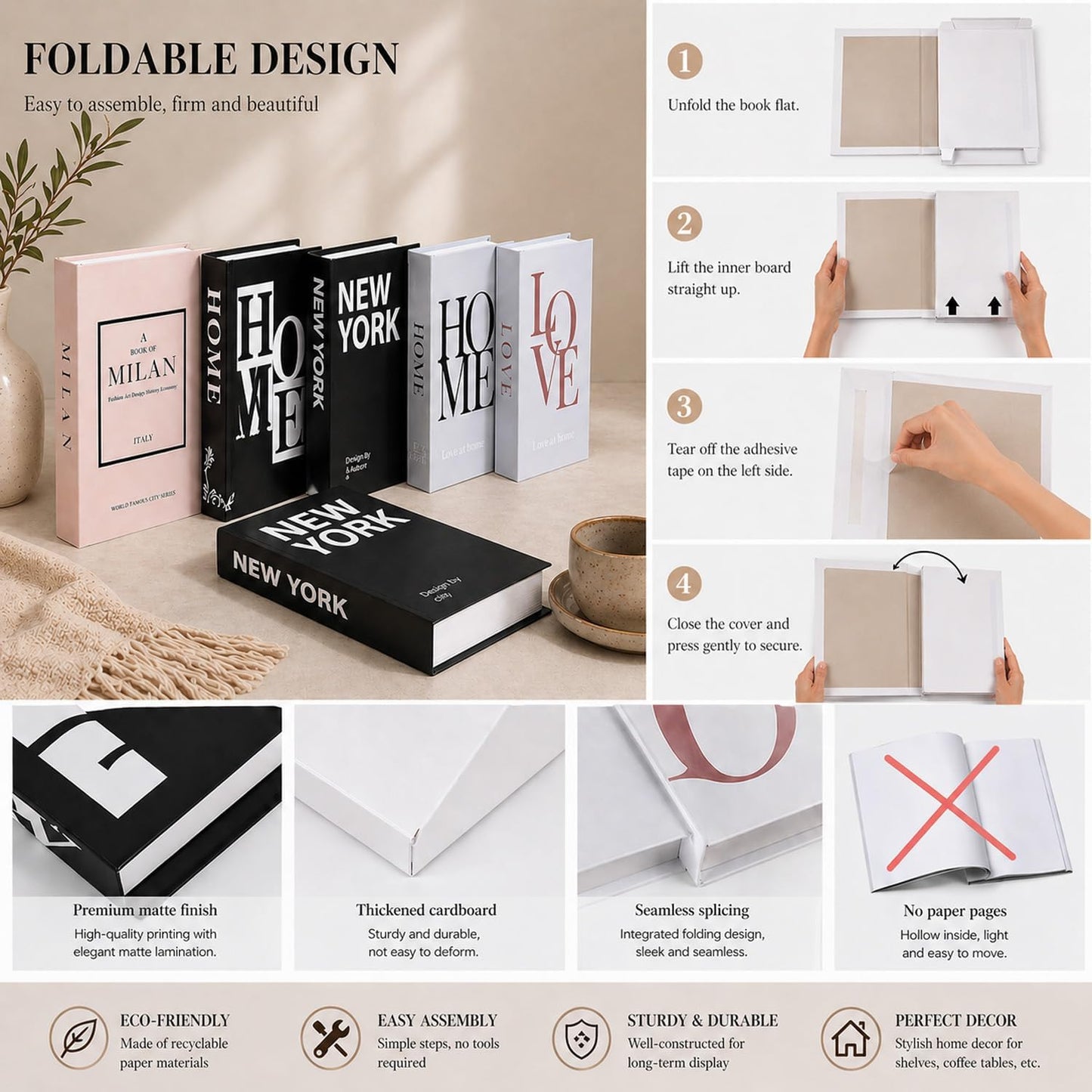 Decorative Faux Books for Decoration / Black and White / 7 PACKS / Set of 7