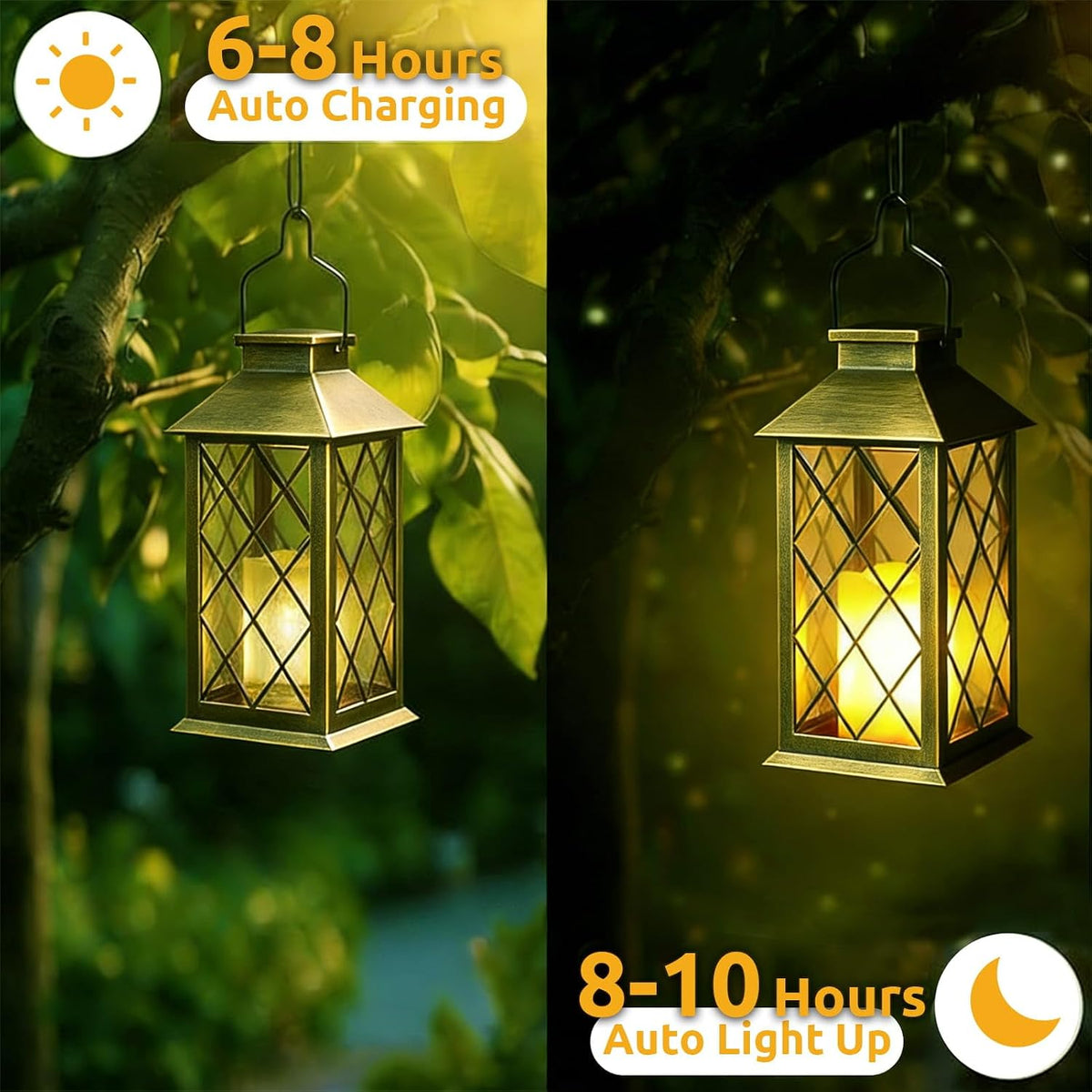 2 Pack 14" Large Tempered Glass Solar Lanterns Outdoor Waterproof | Bronze retro solar lantern with flickering