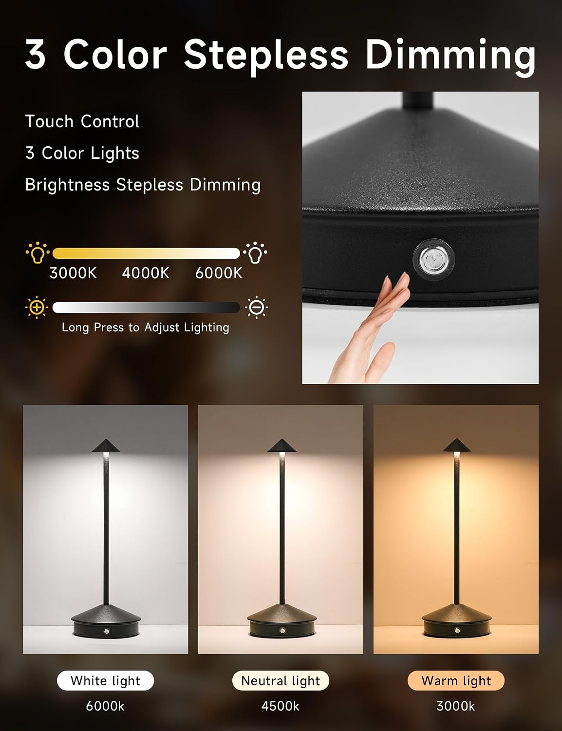LED Rechargeable Cordless Table Lamps Black | 2 Pcs Portable Modern USB Battery Operated Lights,Waterproof Touch