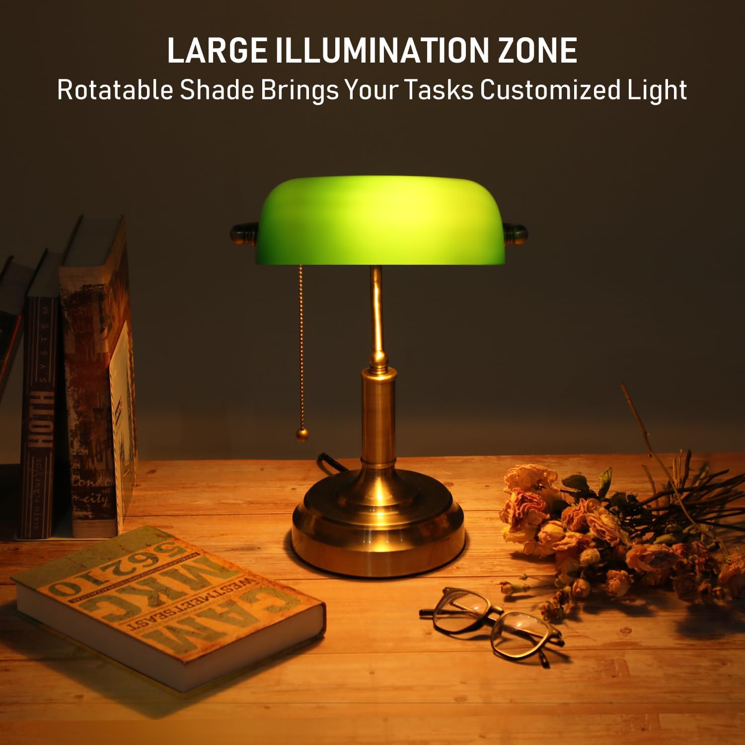 TORCHSTAR Green Glass Bankers Desk Lamp with Pull Chain, E26 Base | Brass Finish Base, Antique Traditional Library Lamp