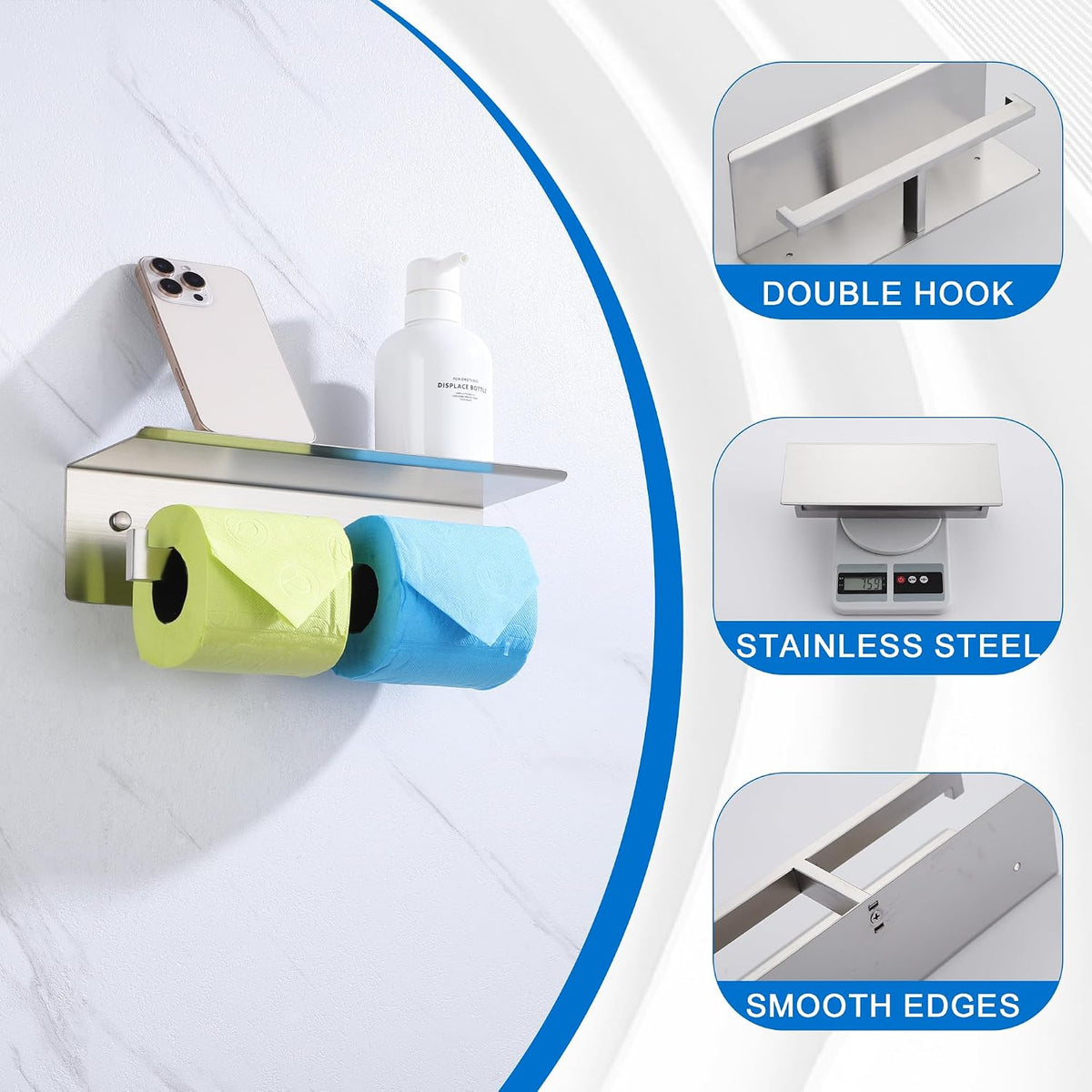 LANC Double Toilet Paper Holder with Shelf, Brushed Nickel Commercial Toilet Tissue Roll Dispenser with Phone Shelf 304