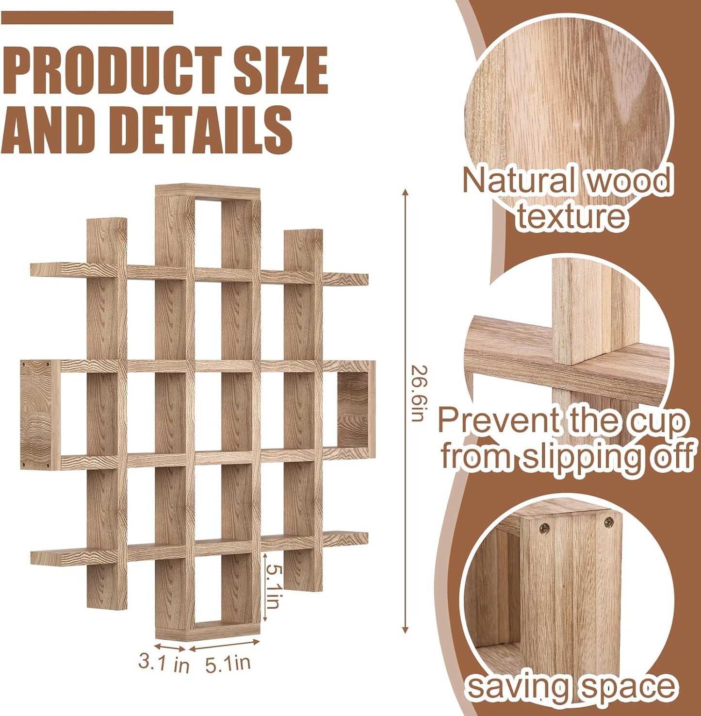 Suzile Mug Display Shelf Wall Mounted,Grid Size 5.1x5.1x3in,Wood Color | Rustic Wood Floating Shadow Box for Coffee