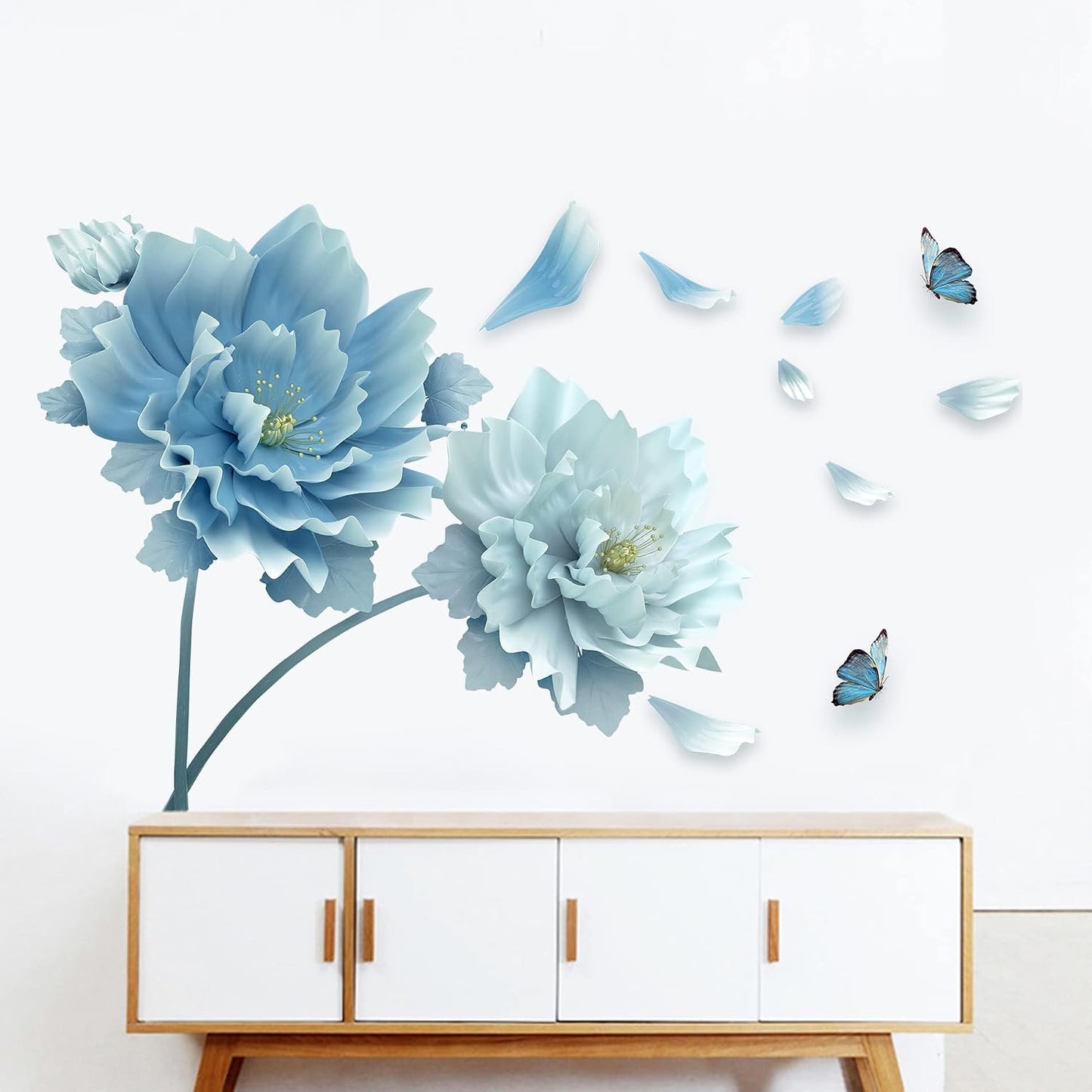 Large Flowers Petals Butterflies Wall Decals Living Room Floral Wall Stickers Removable Peel / Blue