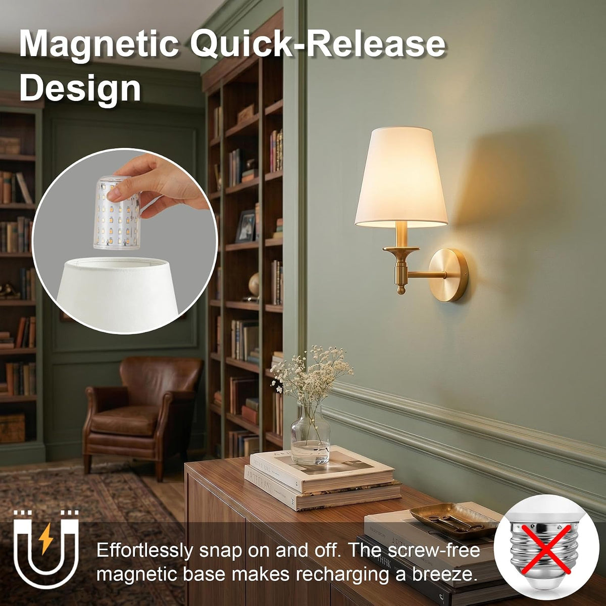 Gold Battery Operated Wall Sconce Set of 2, Wireless Wall Lights with 3 CCT Color Temperature & Dimmable Magnetic Bulb