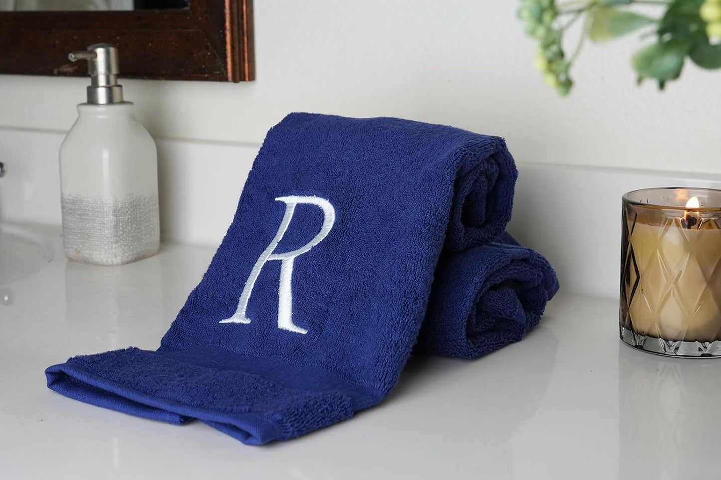 Navy with White Monogrammed Hand Towels for Bathroom - Set of 2 Letter R | Luxury Hotel Quality Initial Towels For