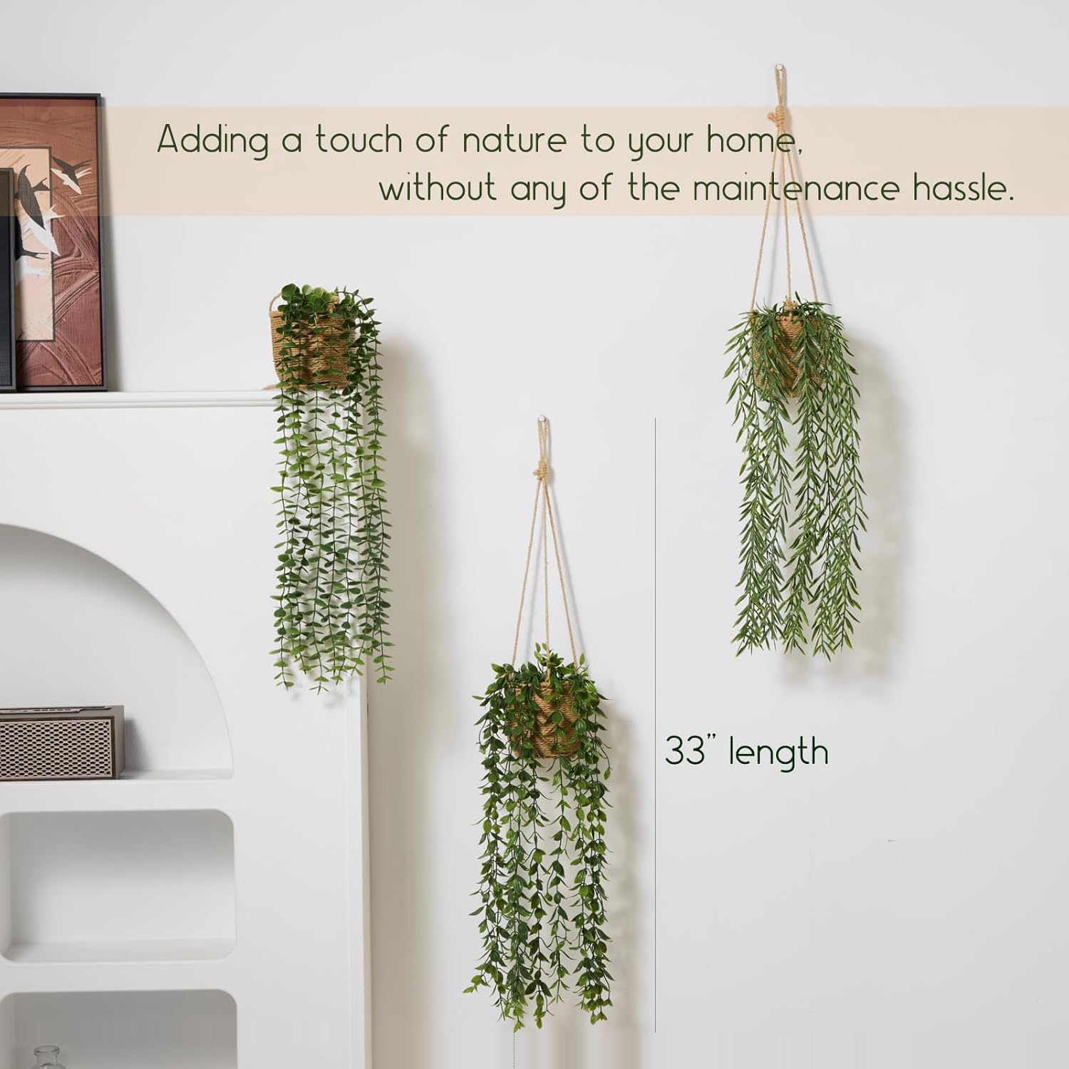 Artificial Hanging Plants in Boho Handwoven Baskets / 3-green / Set of 3