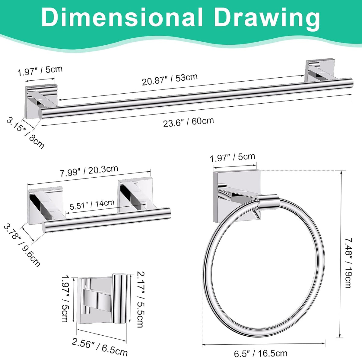 Chrome Bathroom Hardware Towel Bar Set, 5 Pieces Double Dase Toilet Paper Holder Towel Holder Set, 23.6 Inch Stainless