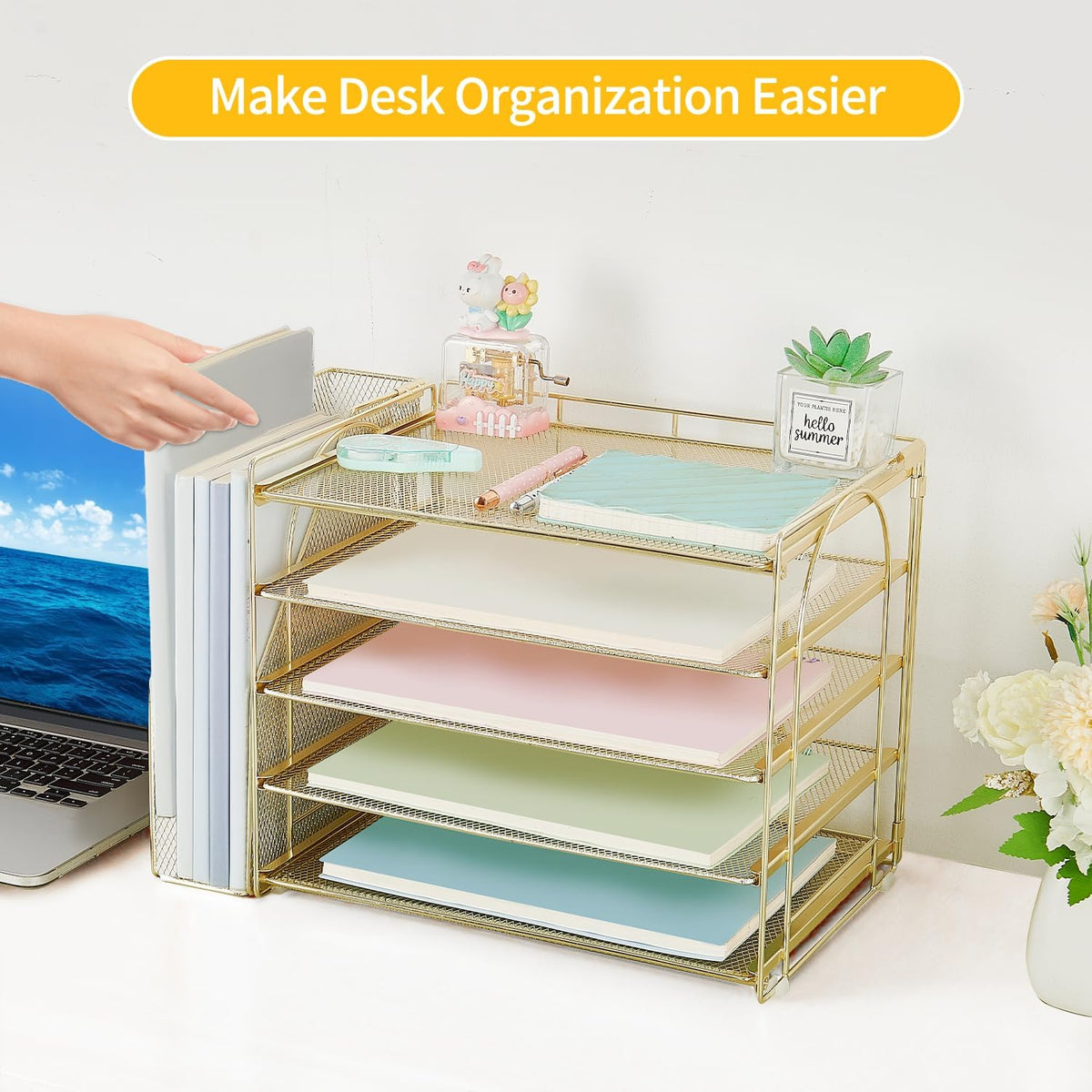 AUPSEN Gold Desk Organizers and Accessories, 5-Tier Desktop Paper File Organizer with Removable File Holder, Desk